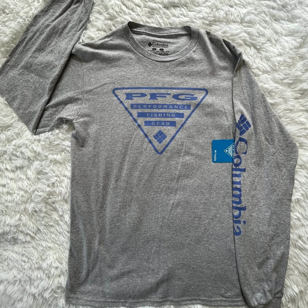 NWT Small Mens Light Gray & Blue Columbia Long Sleeve Graphic Tee